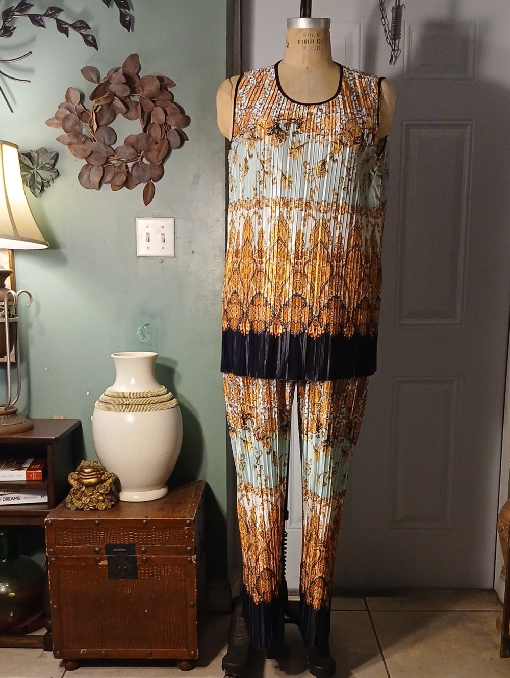 Ashley Stewart Sleeveless Printed Pants Set in Light Blue and Mustard